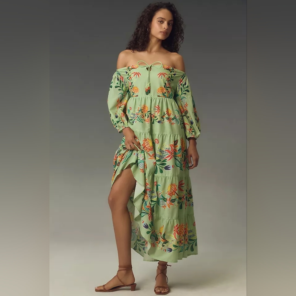FARM Rio Off-The-Shoulder Tiered Midi Dress NWT
